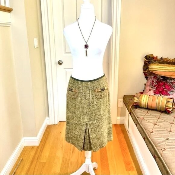 Cynthia Steffe Skirt Pencil Green Brown Marled Tweed with Horse Bit Pockets (8) - Picture 1 of 8